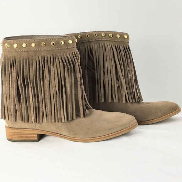 Michael Kors Womens Western Fringe Boot Tan Suede Gold Studded Billy Sz 7.5 - Picture 1 of 14